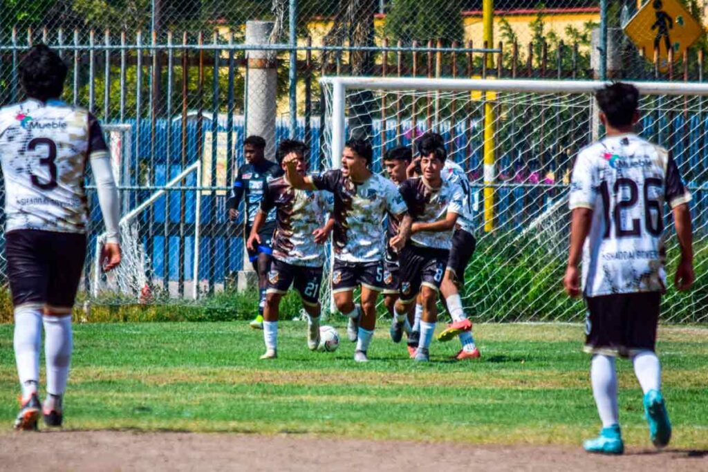 Jugadores de Ferrocarrileros FC y Muebleros FC durante el partido en Aguascalientes con marcador 2-1
