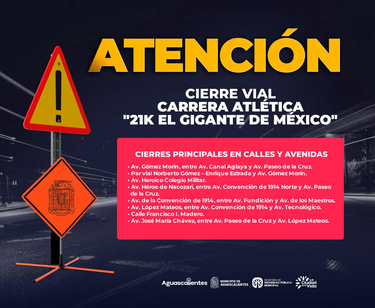 Cierres viales en Aguascalientes por el 21K "El Gigante de México": Rutas y horarios