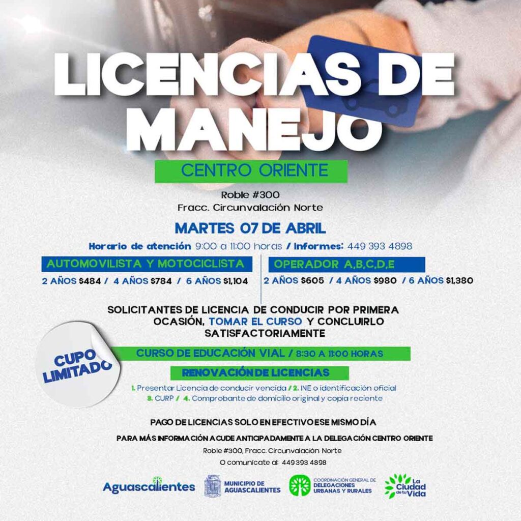 ¿Necesitas renovar tu licencia en Aguascalientes? Anuncian nueva jornada este 7 de abril