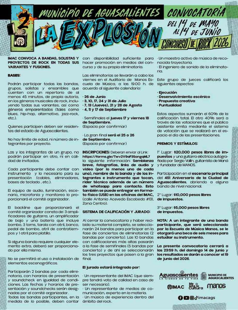 Concurso de Rock La Explosión 2026: IMAC lanza convocatoria en Ags
